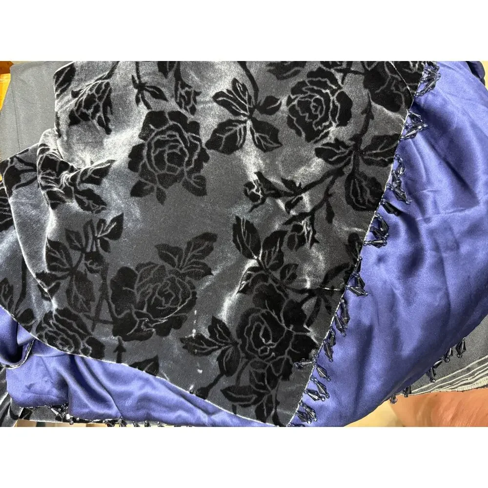 Westone Silk Velvet Burnout Floral Throw Wrap Black Gray Beaded Fringe Vintage